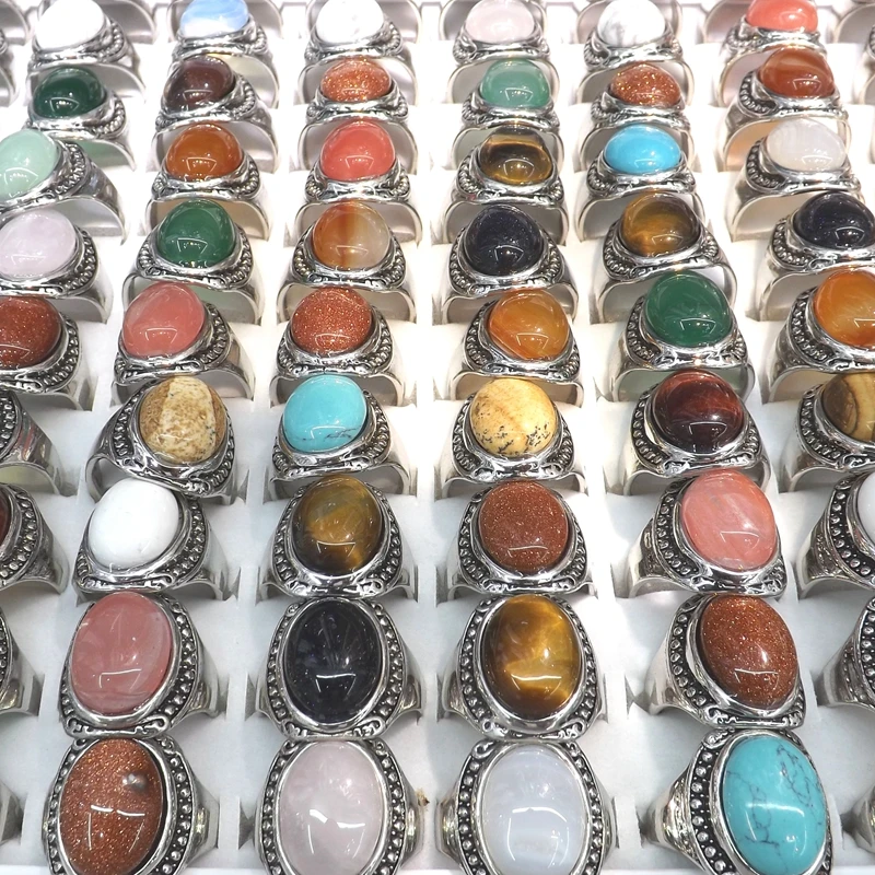 50pcs Vintage Oval shape Natural Stone Rings Mixed Color