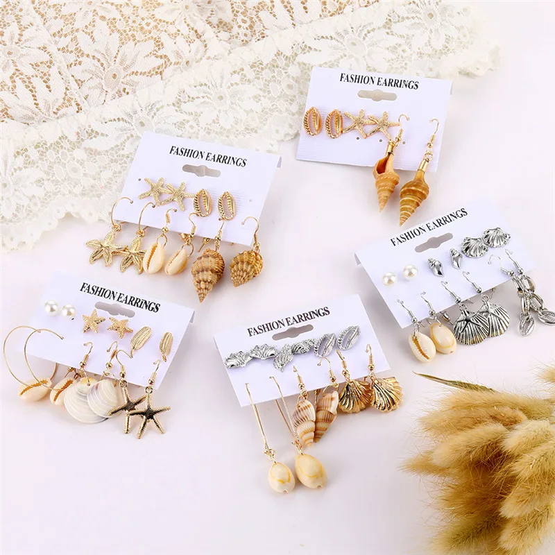 Fashion Women\'s Earrings Set Long Tassel Shell Earrings For Women Boho Dangle Earring Geometric Jewelry Female Pearl Earrings