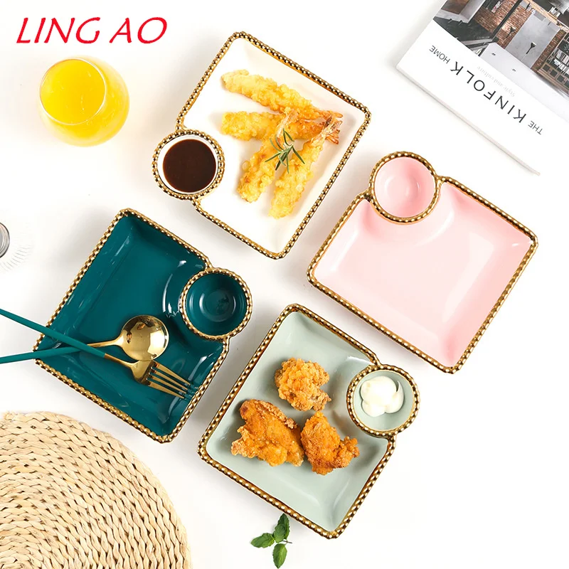 LingAo-Nordic Ceramic Square Dumpling Dish with Vinegar Dish, Creative Round Bead