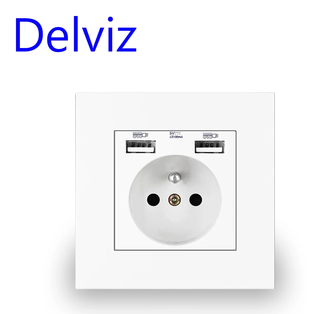 Delviz French Standard Socket, AC 100~250V, 2A Dual USB Charger Port for Mobile, France Outlet Panel, 16A Wall Power USB Socket