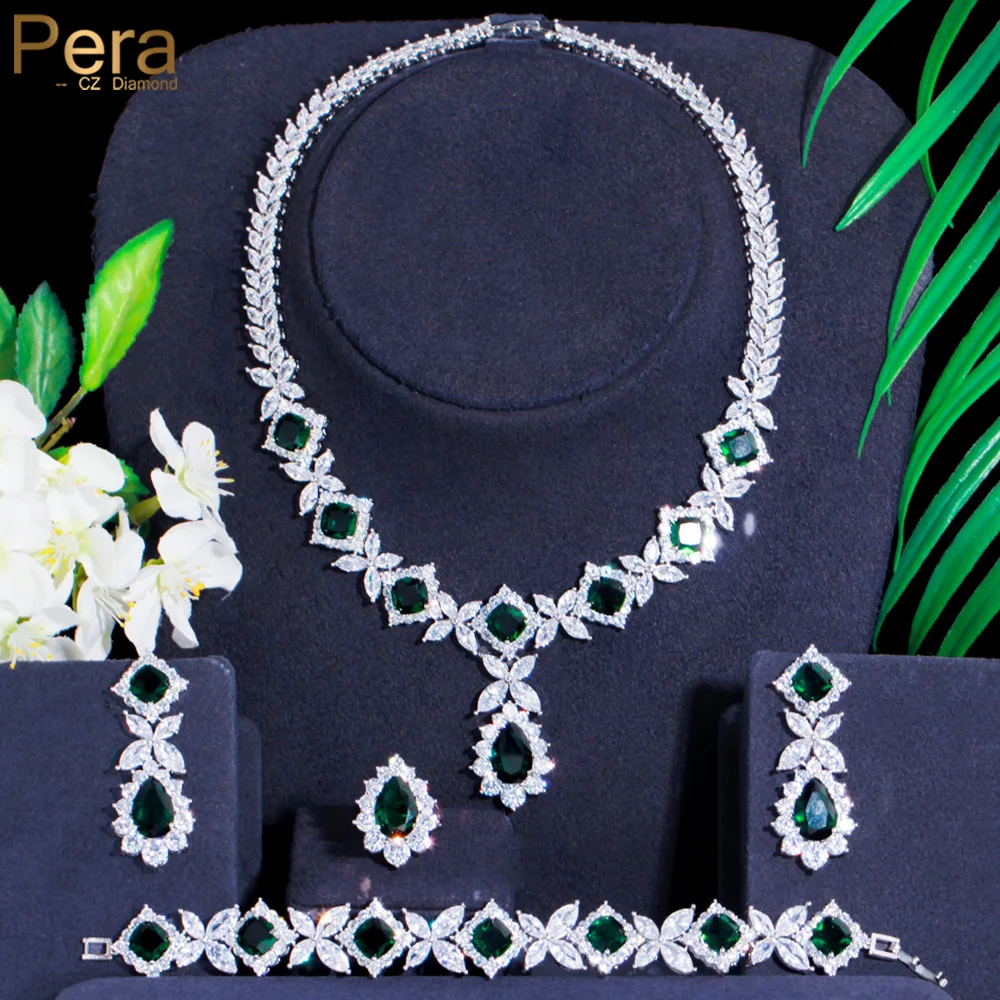 Pera Luxurious Silver Color Green CZ Crystal Leaf Square Shape Link Bracelet Ring Necklace Earrings Jewelry Sets for Brides J494