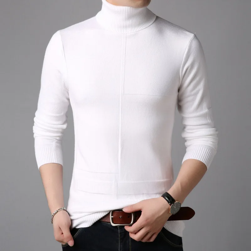 Camisola de gola alta masculina pulôveres de tricô casual masculino suéteres moda magro roupas masculinas clássico treliça sólida pullovers branco