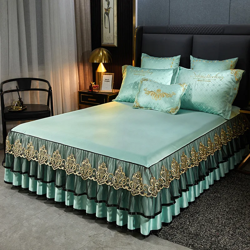 

Lace Luxury Bedspread with Skirt, Monochromatic, Embroidery Sheets, Warm, Thicken, Protect, Queen, King Size Comforter, Bedding