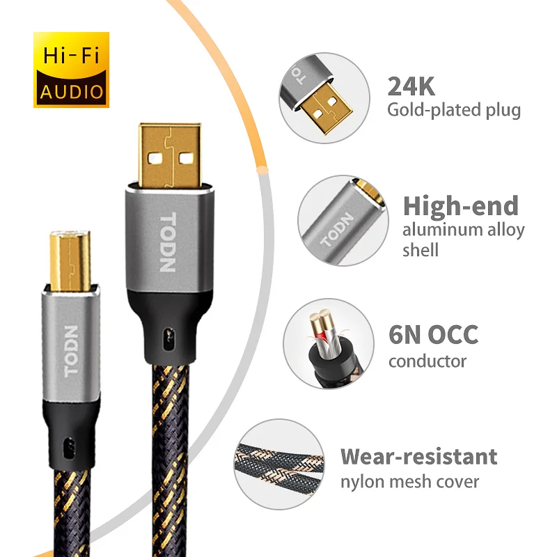 TODN Hifi Kabel USB Wysokiej jakości cyfrowy kabel 6N OCC typu A do typu B Hifi do transmisji danych dla DAC