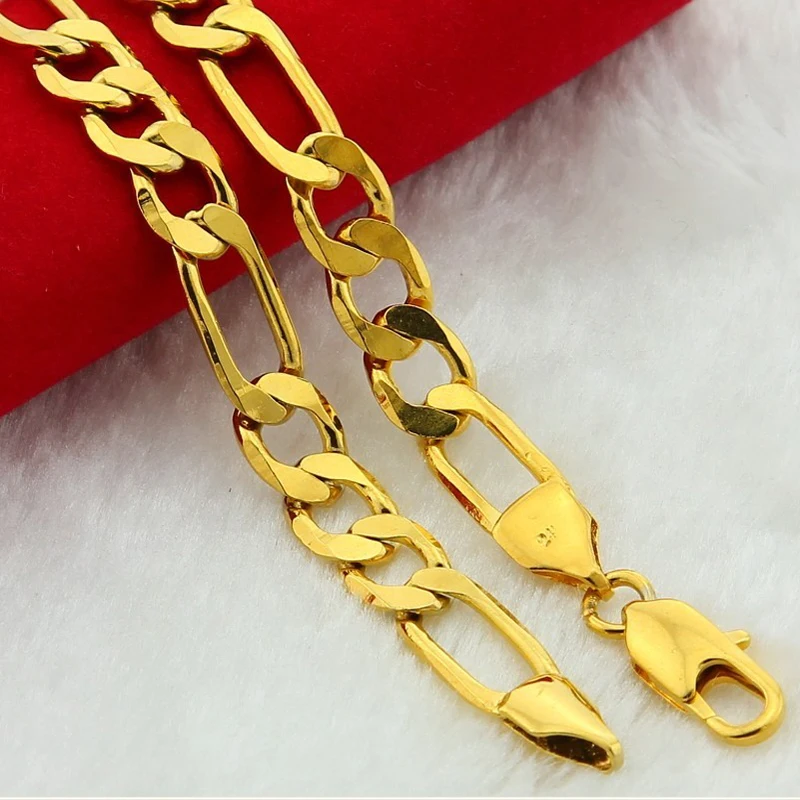 Pure Gold Color 4mm 6mm 8mm Figaro Chain Necklace for Men,Original 24k Gold Plated Fashion Women Men\'s Hip Hop Rock Jewelry