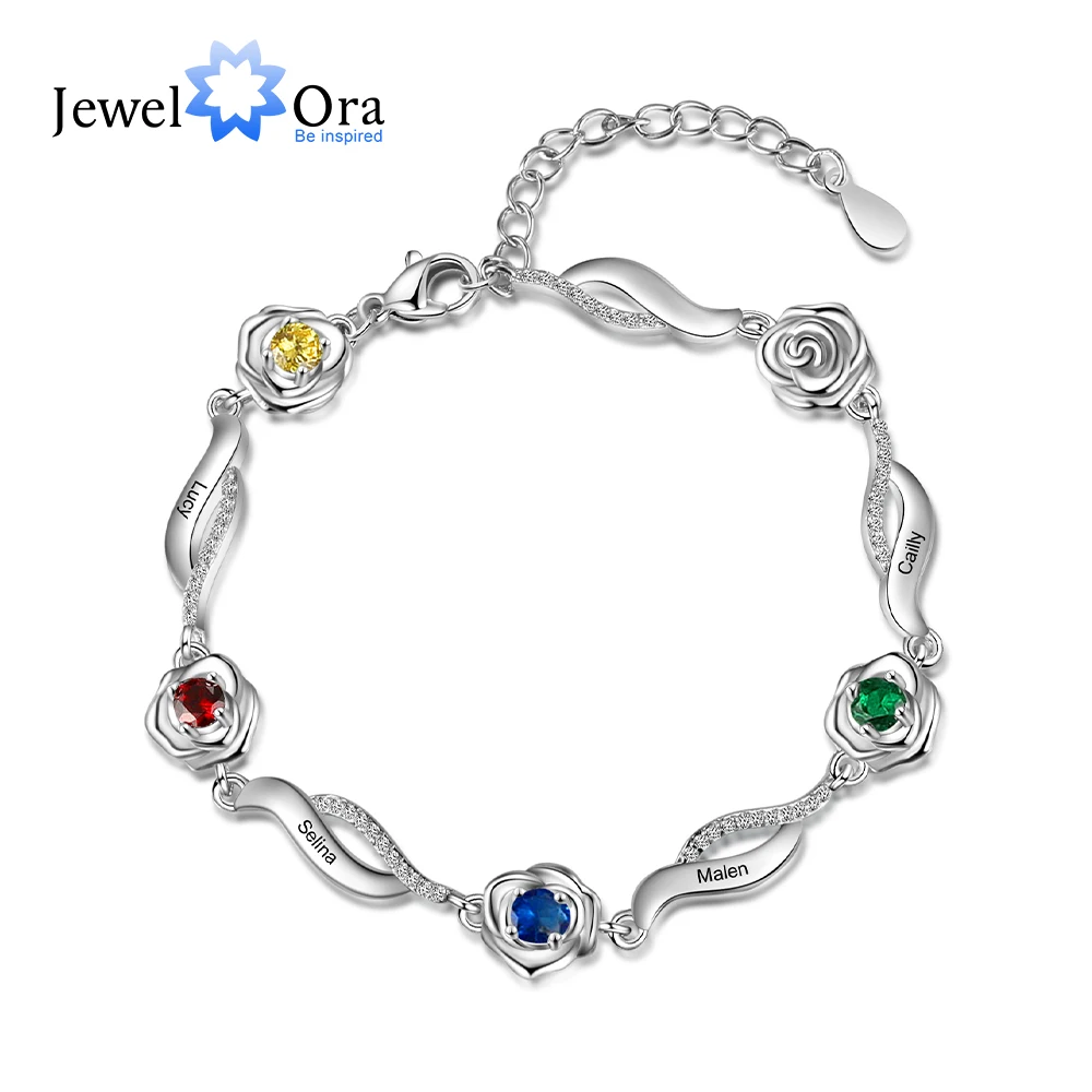 

Valentines Day Gift Personalized Rose Flower Bracelets with 1-5 Name Engraving Customized Inlaid Birthstone Bracelets & Bangles