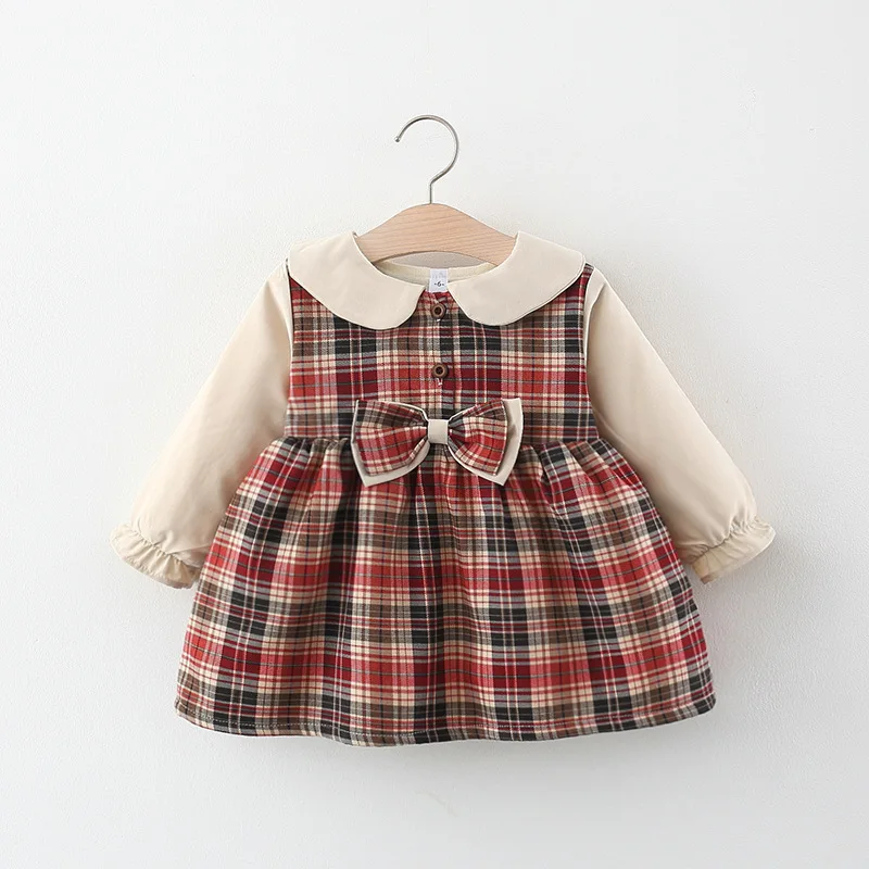 2021 new Winter 1 year baby\'s birthday newborn girl\'s clothes plaid bowknot dress for girls baby clothing outdoor warm dress