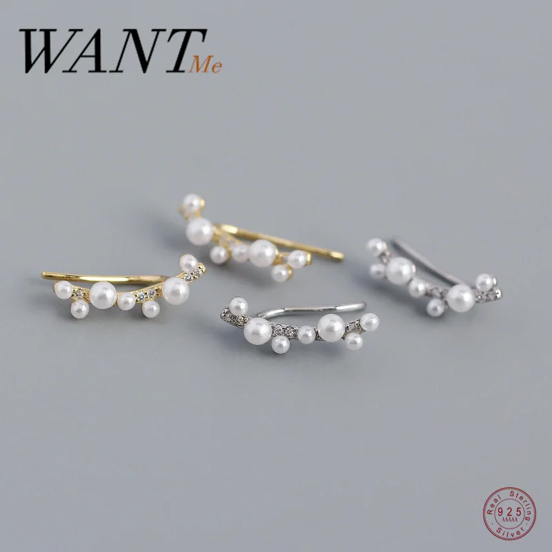 

WANTME 925 Sterling Silver Korean Minimalist Pearl White Zircon Piercing Stud Earrings for Women Elegant Wedding Luxury Jewelry