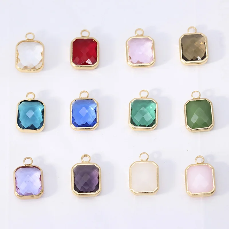 Wholesale 12p  Square Charms Quartz Crystal Opal Blue Purple Birthstone Pendants for Necklace Bracelets DIY Jewelry Connectors