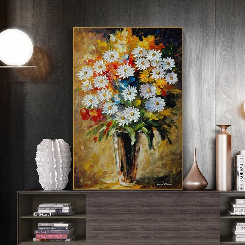 Abstract White Daisy Oil Paintings on Canvas Flower Wall Art Pictures  Posters and Prints for Home Living Room Cuadros Decor