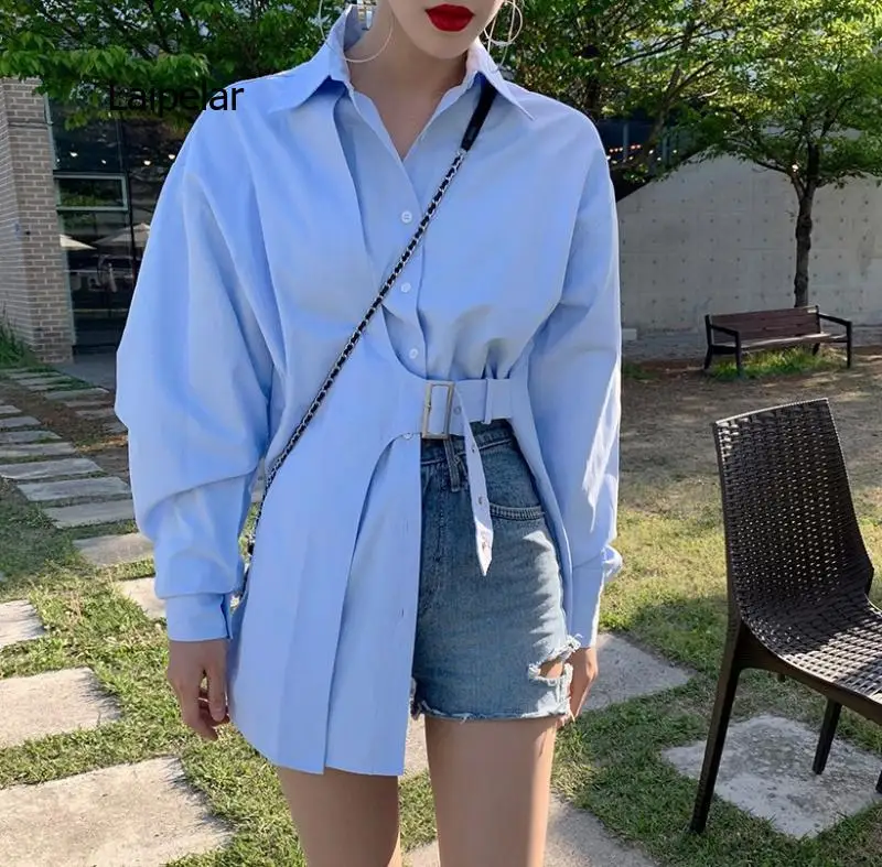 

2021 Spring Autumn New Long-sleeved Simple Fashion Trend Ladies Blue Irregular Shirt Coat Blouse Tops