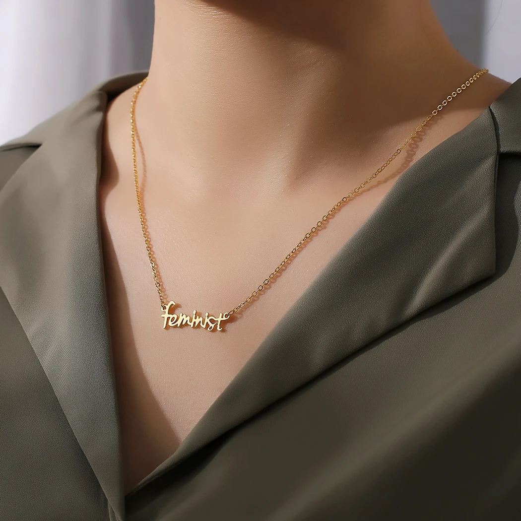 Cxwind Punk Letter Feminist Pendant Necklace Charm Strong Woman Pendant Stainless Steel Choker Jewelry Gift For Women collier