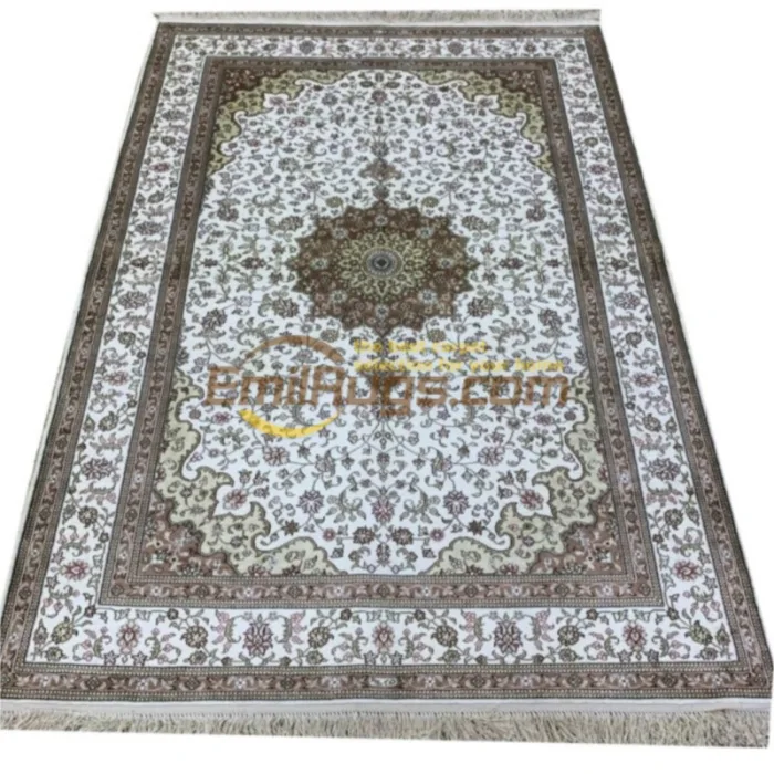 White Kashmir Silk Oriental Handmade Hand Knotted Persian Area Rug 