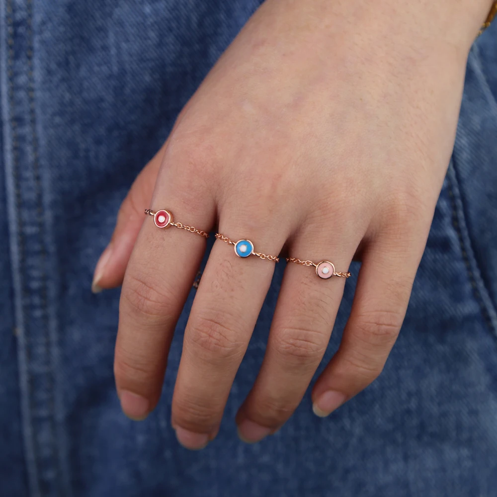 Fashion turkish evil eye jewelry red blue pink enamel Round Evil eye charm adjust chain finger ring