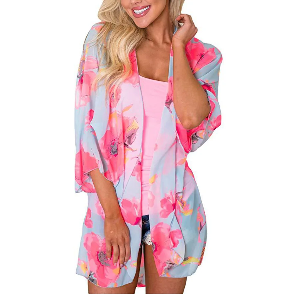 Women Floral Leopard Print Half Sleeve Shawl Chiffon Kimono Beach Cardigan Bikini Cover Up Wrap Beachwear Outdoor Anti-UV Coat