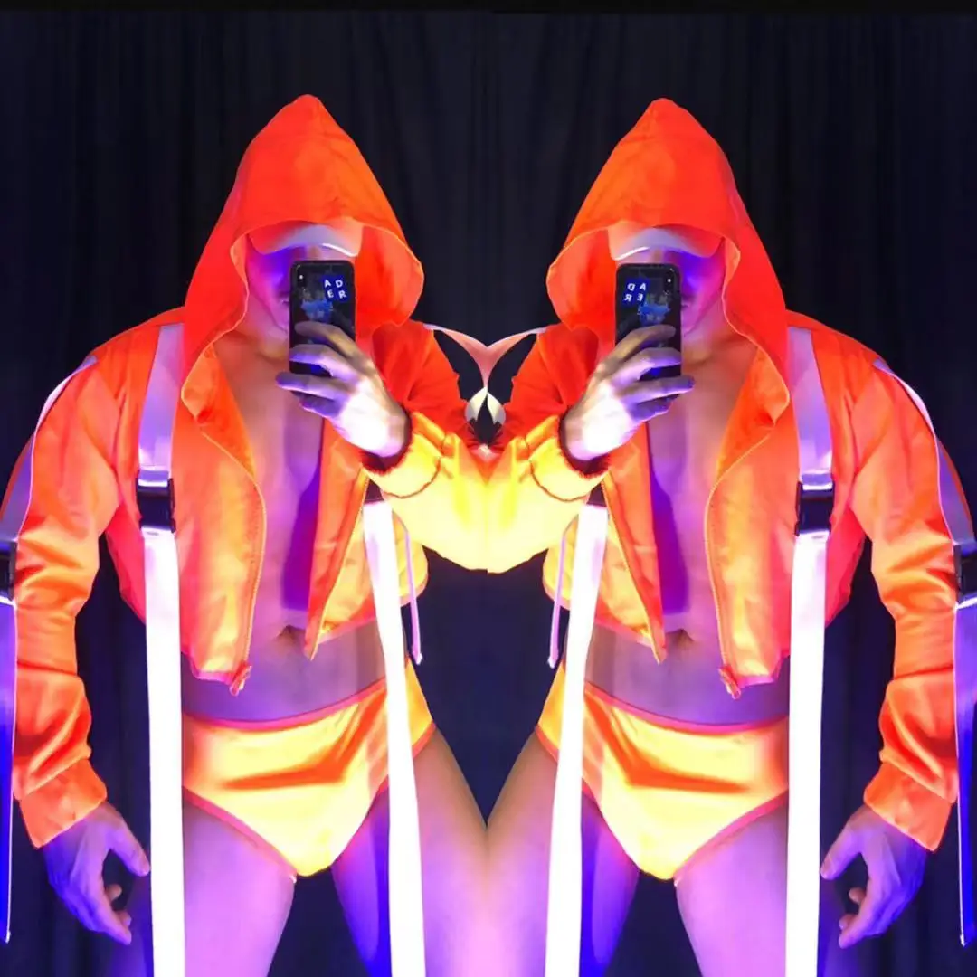 Club Party Show DJ Male Dancer Stage Wear Nightclub Bar Sexy Fluorescent Green Orange Bandage Hooded Jacket Shorts 2 Piece Set