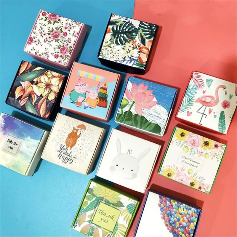 100pcs Small Paper Handmade Soap Boxes Flower Printed Party Present Gift Packaging Box Sweet Birthday Wedding Favor Boxes