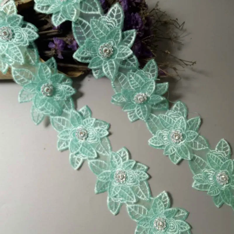 

1 yard Green Pearl Beaded Embroidered Flower Lace Trim Floral Applique Patches Fabric Sewing Craft Vintage Wedding Dress