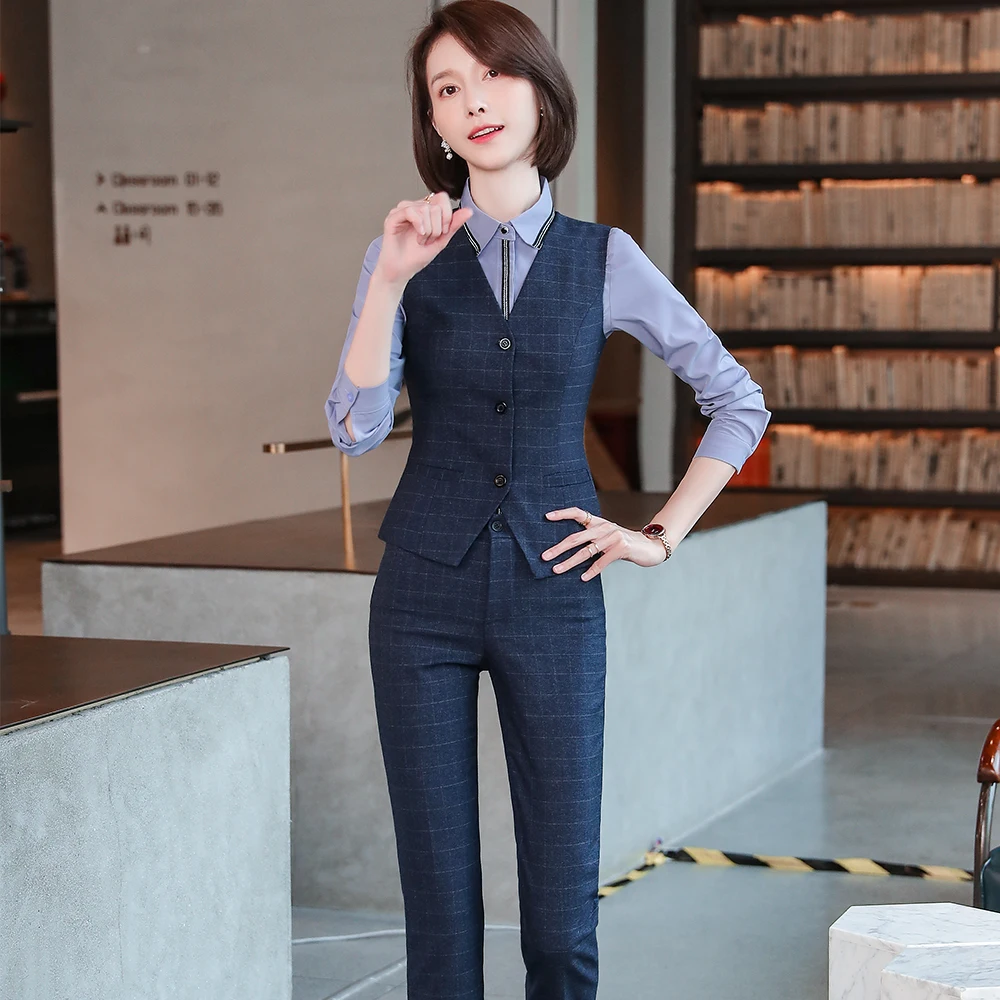 Women Slim S-4XL Pant Suit Sleeveless Gray Blue Plaid Vest Blazer and Trousers Two Pieces Set for Office Ladies Work Wear