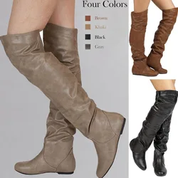 Lasyarrow Over The Knee Boots Women Pu Elastic Boots Female Round Toe Shoes Concise Flat Shoes Autumn Winter 2019 Plus Size 48