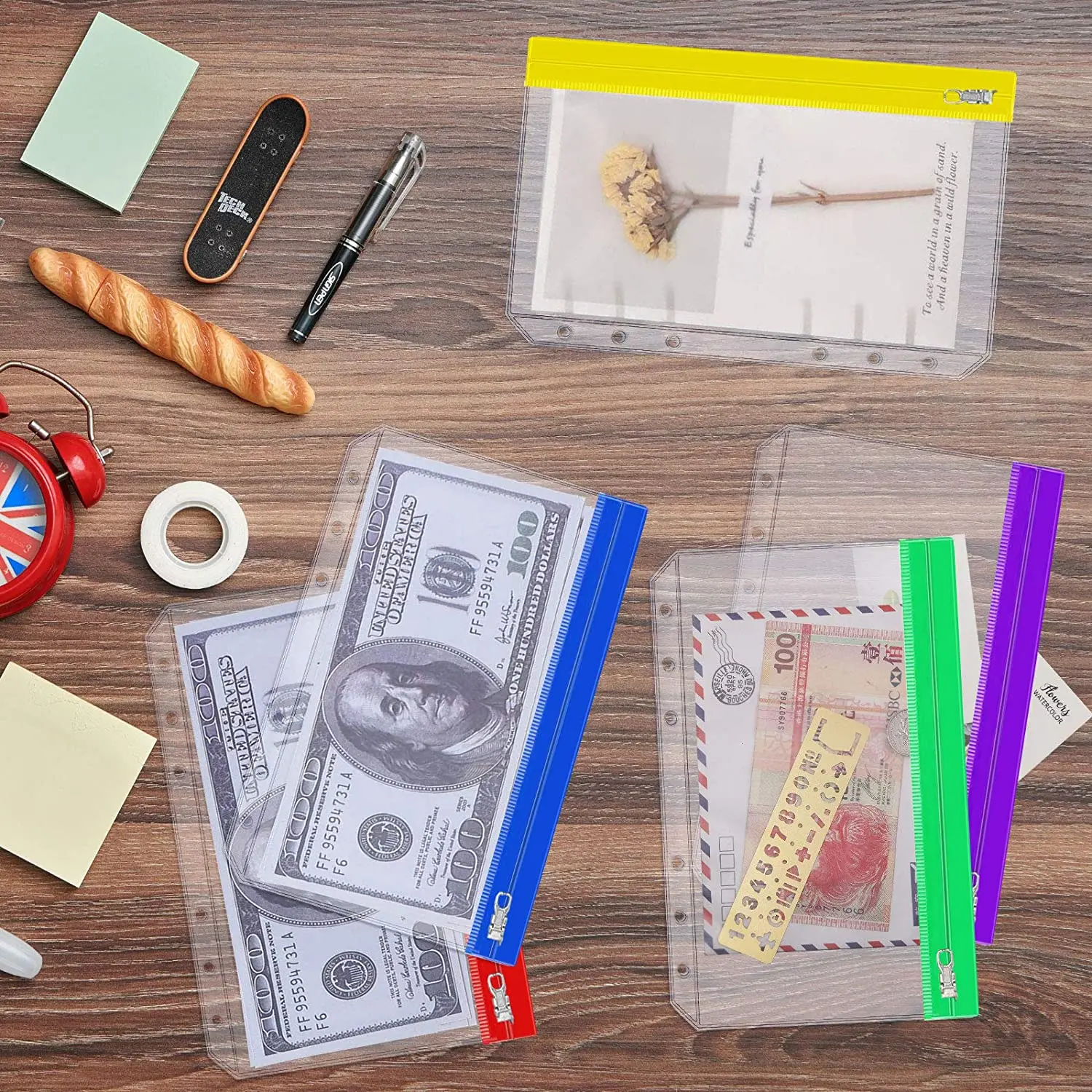 8Pcs/Set 6-Ring Binder Pockets  A6 Multicolor PVC Binder Pockets with Metal Zipper Waterproof for Cash Envelopes/Bill Storage