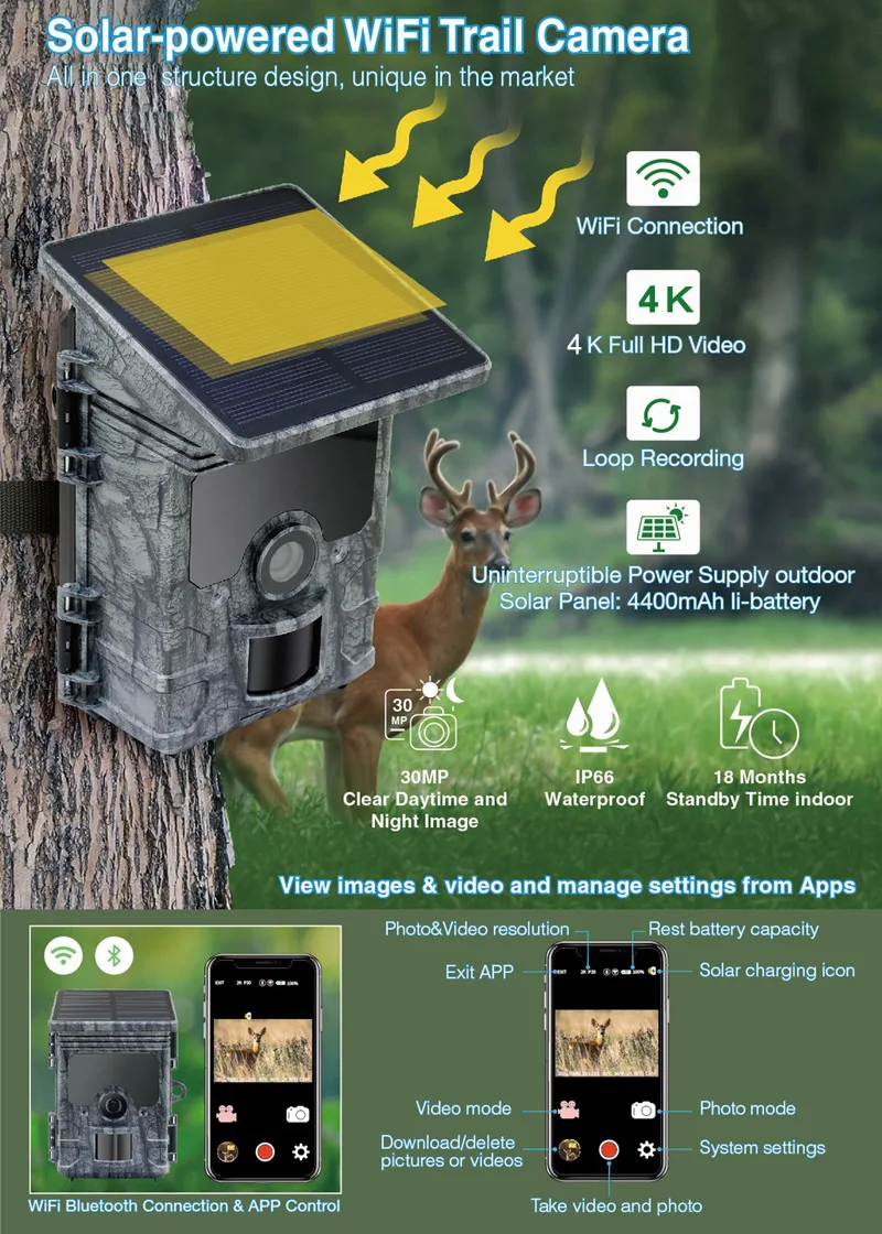 Outdoor Wildlife Trail Camera APP 4K 30MP WiFi Solar Panel Powered Night Vision Waterproof IP66 Hunting Camera