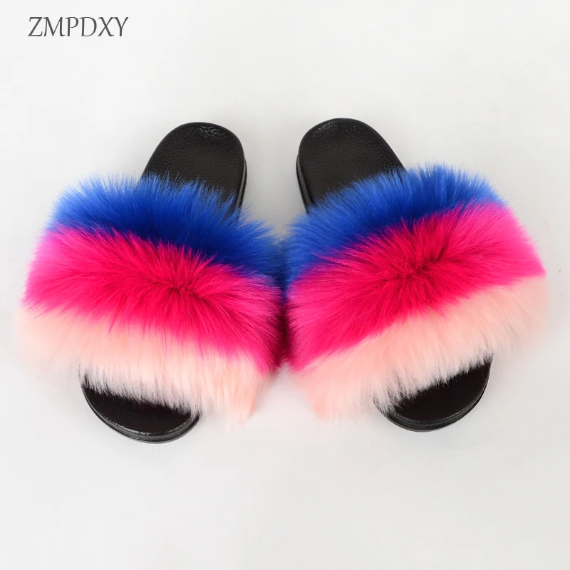 New Design EVA Fluffy Shoes Ladies Home Warm Slippers Faux Fox Fur Slide Plush Slipper Furry Fake Fur Sandals Women Shoes Vendor