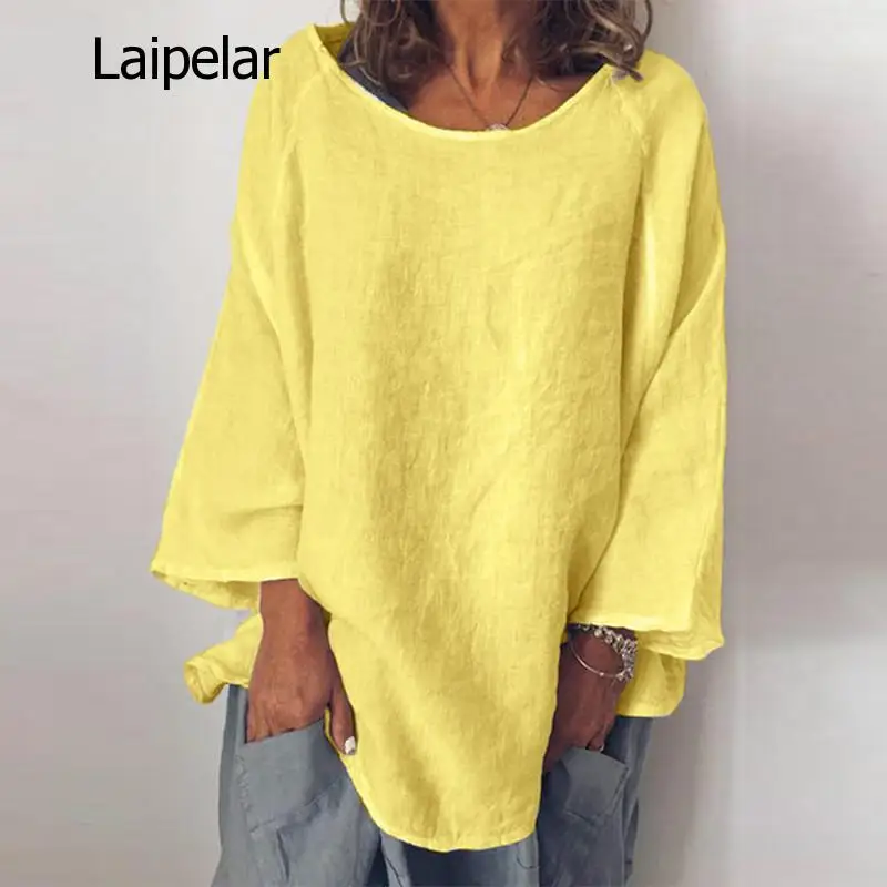 Mode Zomer Shirt Vrouwen Lange Mouw Effen Katoen Linnen Blouse Blusas Femininas Basic Tops Gewaad Losse Chemise Tuniek 5XL