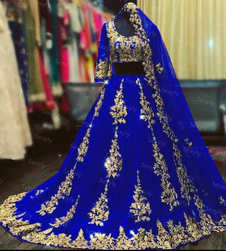 Vestido de novia rojo árabe indio personalizado con encaje dorado vestido de novia musulmán de dos piezas con media manga vestido de novia azul de Dubái