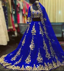 Customized Indian Arabic Red Wedding Dress With Gold Lace Two Piece Muslim Wedding Dress With Half Sleeve Blue Dubai Bride Gown