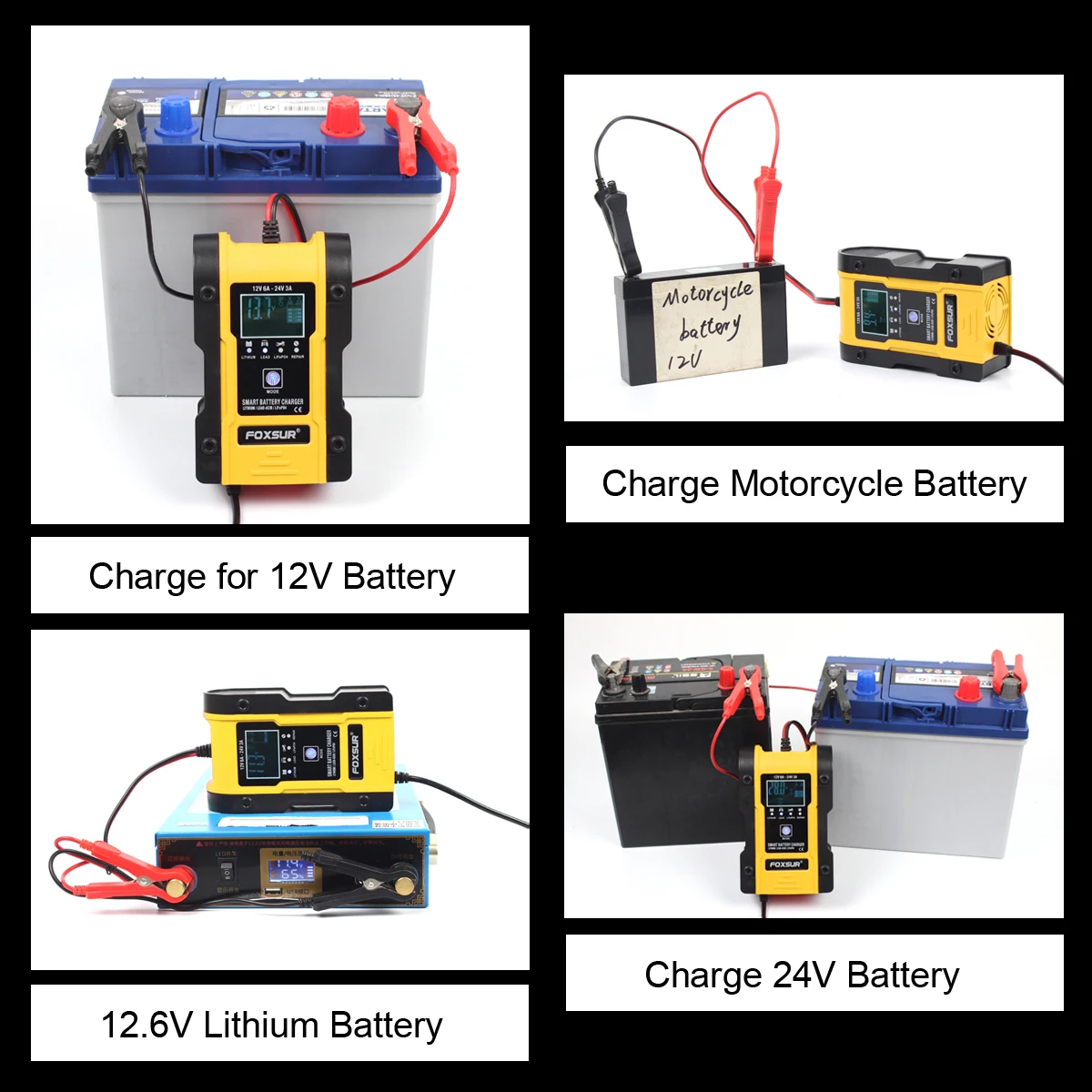 FOXSUR 12V 24V Car Battery Charger, 6A 12.6V Lithium Battery Charger & Maintainer, 7-Stage Car & Motorcycle Battery Charger