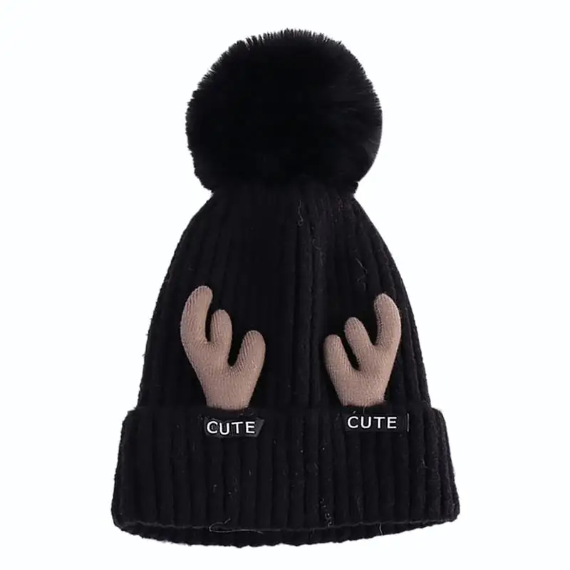 

1pc Pom Pom Decor Hat Antlers Thicken Warm Knit Beanie Cap Winter Hat For Women Girls Clothing Accessories For Winter