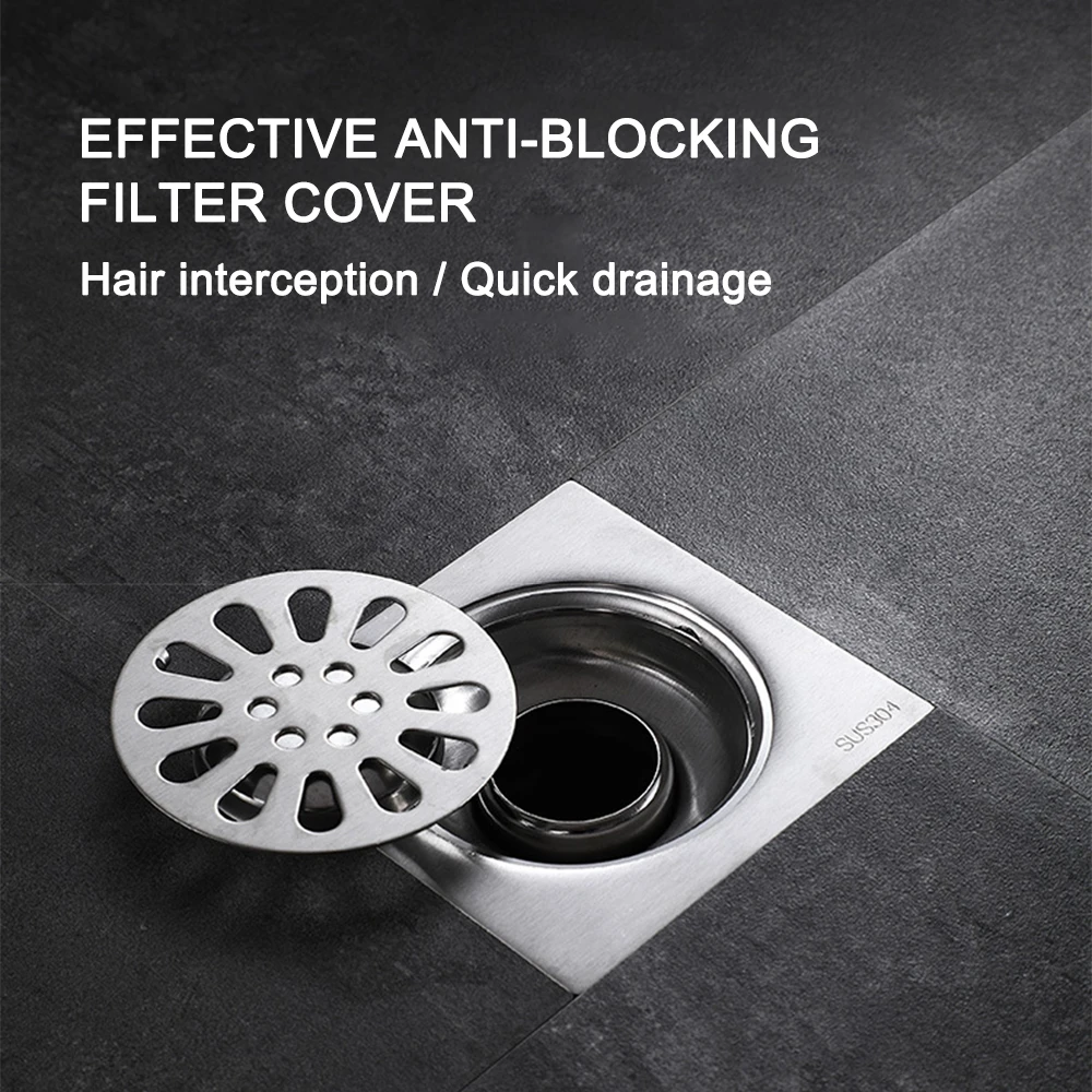 10x10cm Square Floor Drain Shower Stainless Steel Waste Drainage with Removeable Cover Self Closing Drain for Bathroom Kitchen