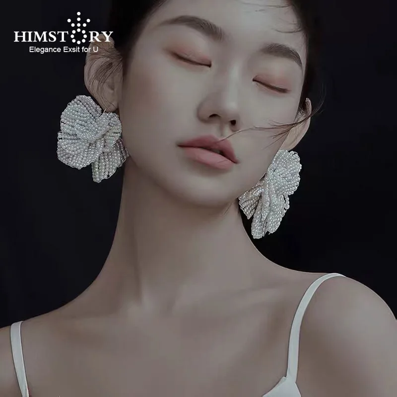 HIMSTORY Original Handmade Beaded Pearl Vintage Flower Earrings For Women Bridal Wedding Ear Jewelries