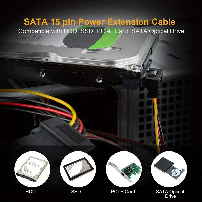 Cable de Alimentación SATA 2-Pack de 8-pulgadas SATA 15 Pin macho a 2XSATA 15 Pin ángulo inclinado hembra Cable bifurcador de corriente