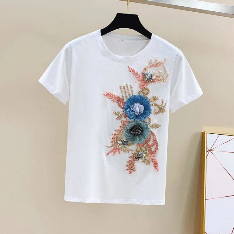 Two piece set New Women Suits Summer T-Shirt Bead Embroidery Short-Sleeved Tops  Hole Jeans Female Chic Loose Two Piece Suit