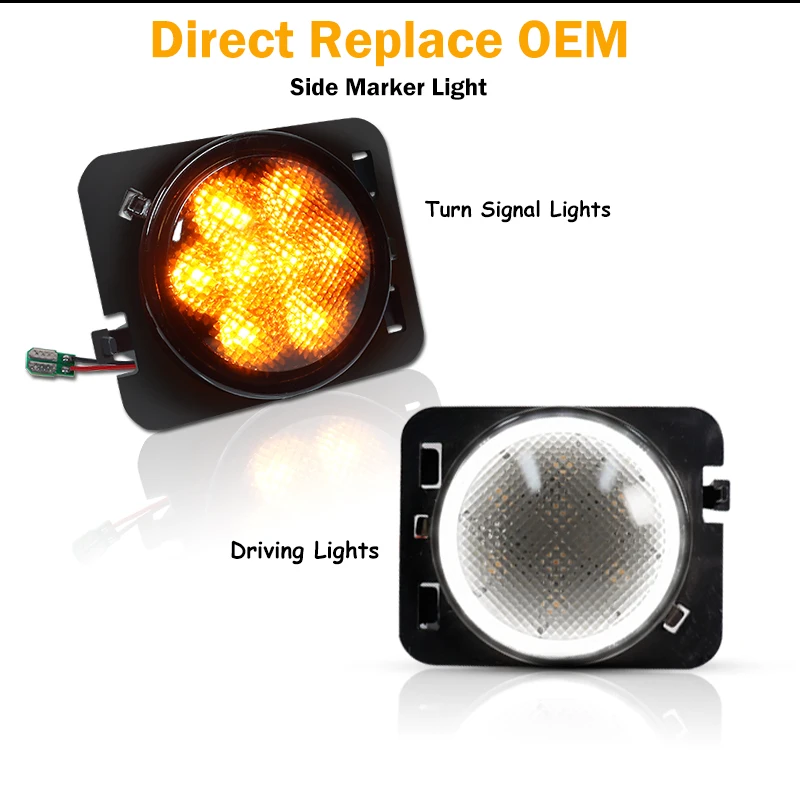 For 2007-2017 Jeep Wrangler JK or JK Rubicon Unlimited Amber LED Front Side Marker Turn Signal Lights White DRL Parking Lights