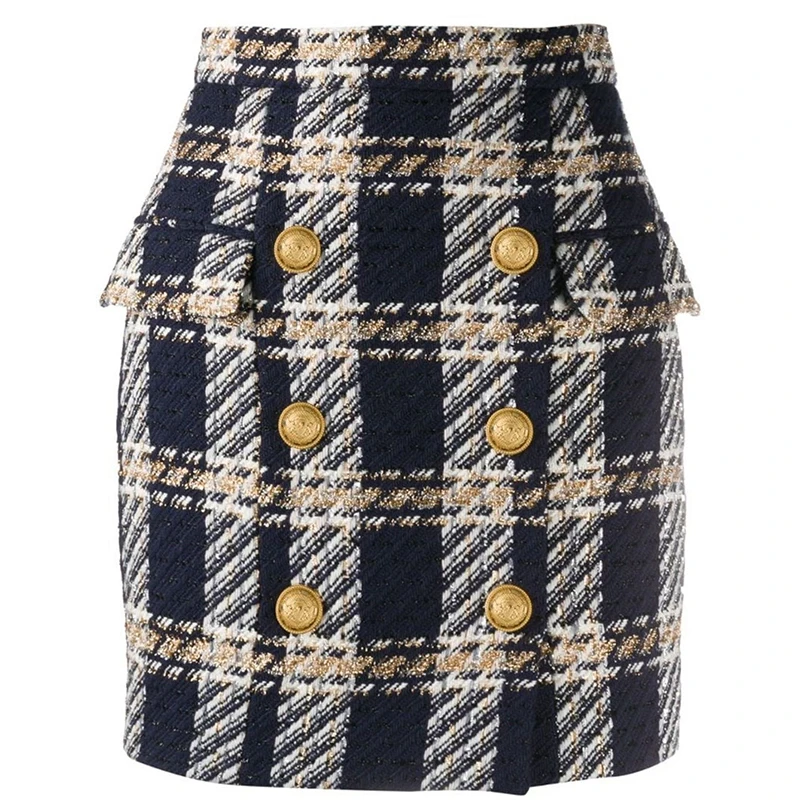 HIGH QUALITY Newest 2024 Designer Skirts Women's Lion Buttons Plaid Wool Tweed Mini Skirt