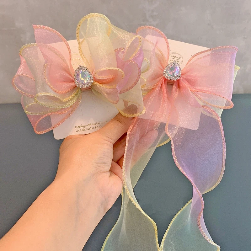 

8 Pcs/Lot, Fashion Chiffon Mesh Hair Bow Clips Long Ponytail Hair Clips Princess Hair Streamer Hairpin Braided Hair Accessories