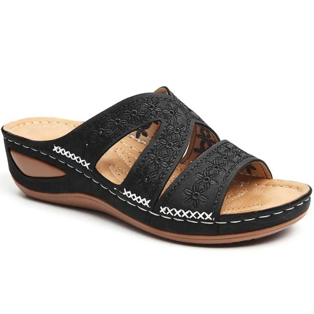 lady Slippers Slope heel Fish Mouth Platform Sandals embroidery Sewing thread vamp beach flip flop woman outdoor Slippers