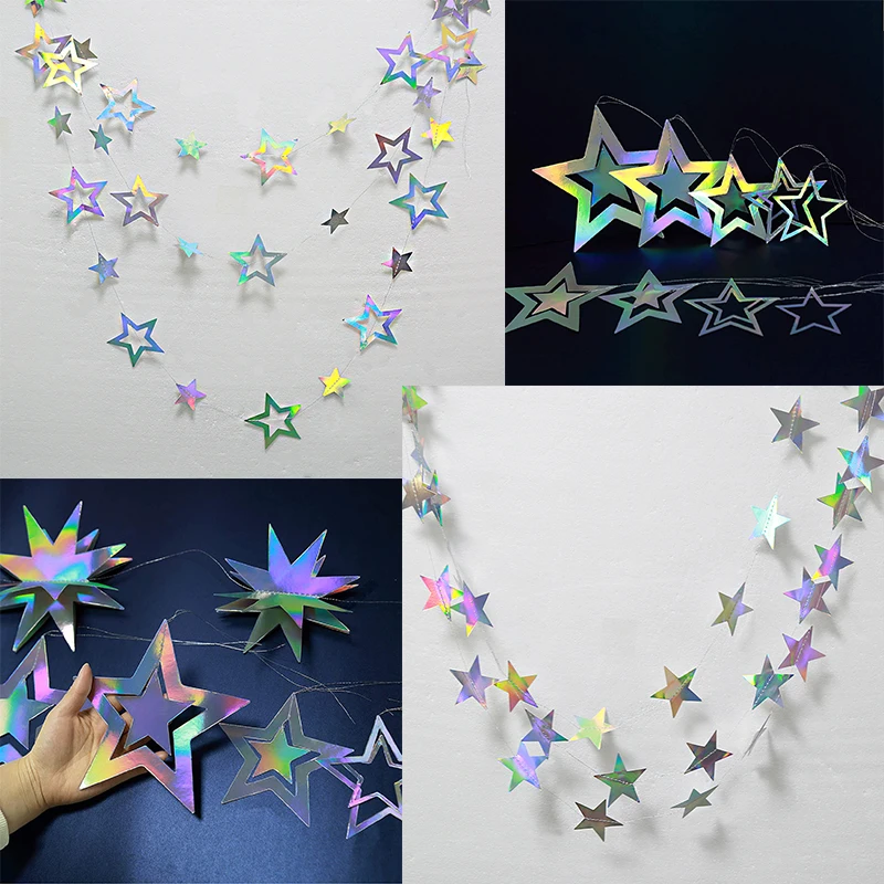 Iridescent Rainbow Twinkle Mirror Paper Star Garlands Streamer  Banner For Frozen Silver Wedding Birthday Party Wall Decorations