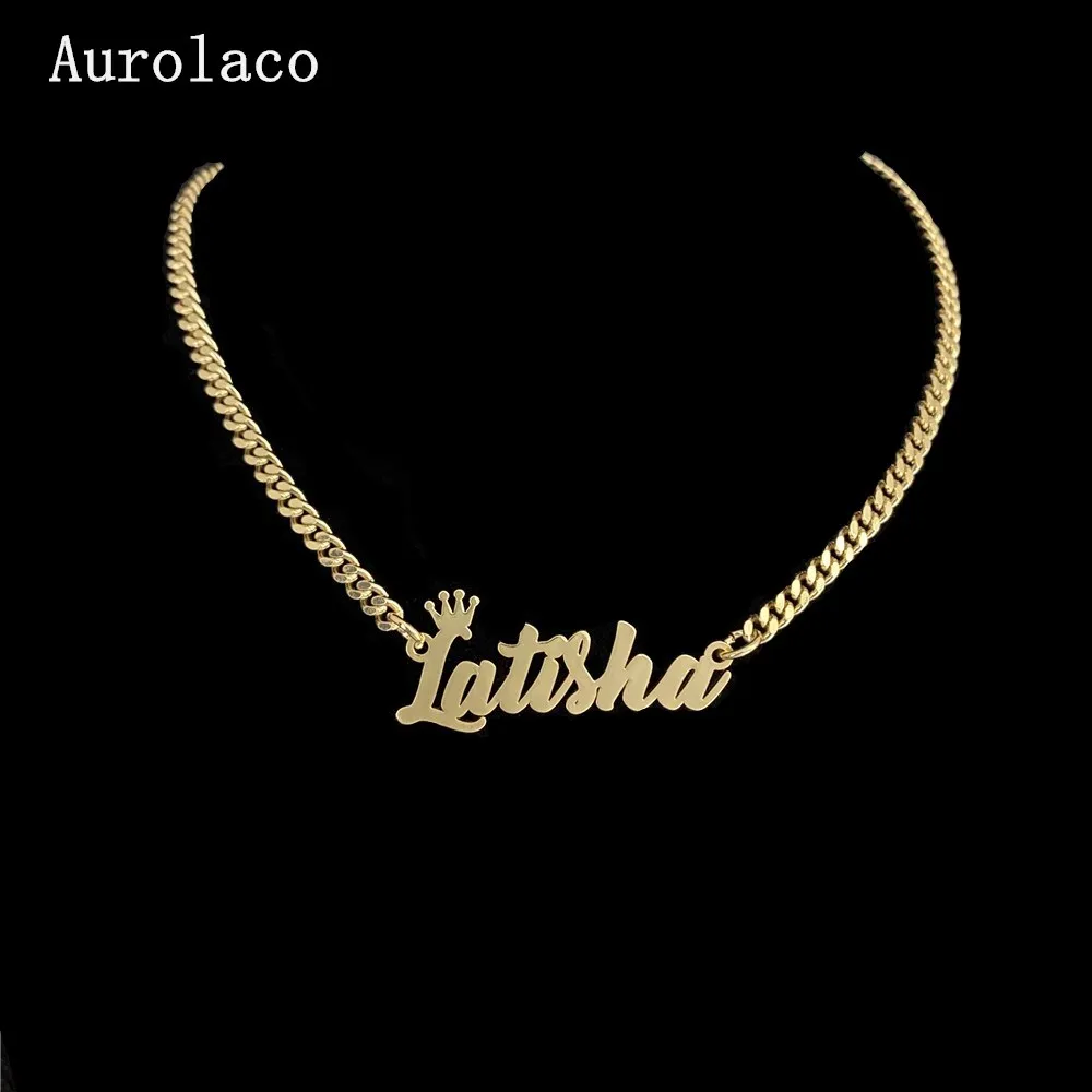 AurolaCo Custom Name Necklaces with Crown Cuban Chain Necklaces Stainless Steel Custom Letter Necklace For Women Gift