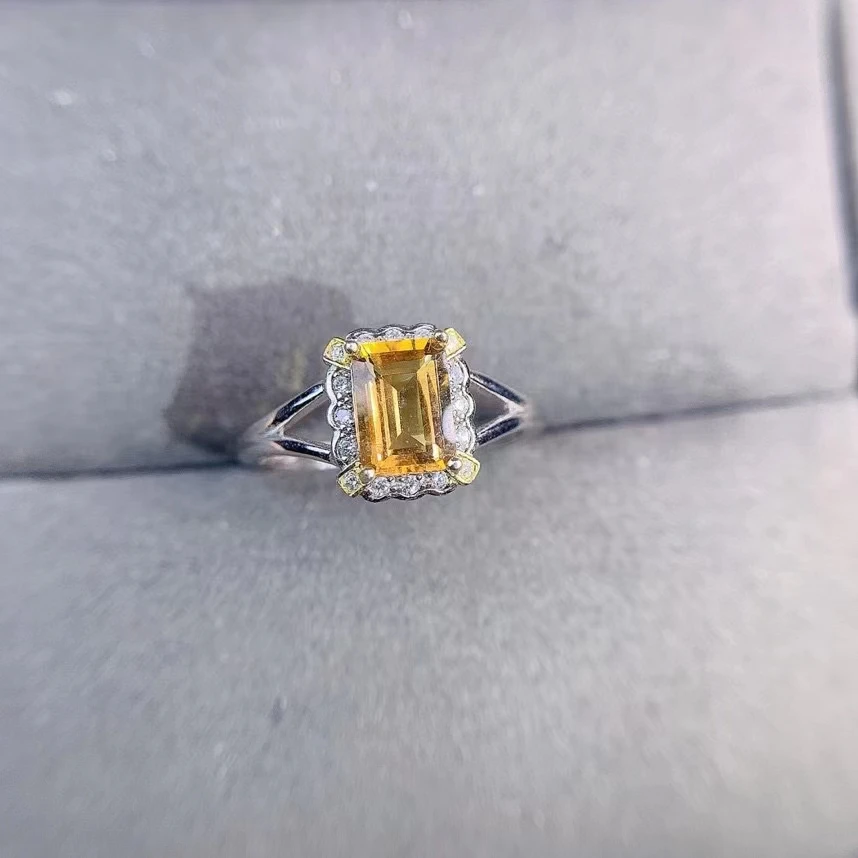 Exquisite Jewelry 925 Sterling Silver Inset With Gemstone Woman's Popular Vintage Rectangle Citrine Adjustabl Ring Support Detec