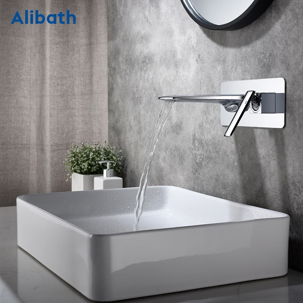 Free shipping Bathroom Basin Sink Faucet Wall Mounted Square Chrome Brass Mixer Tap With Embedded Box.