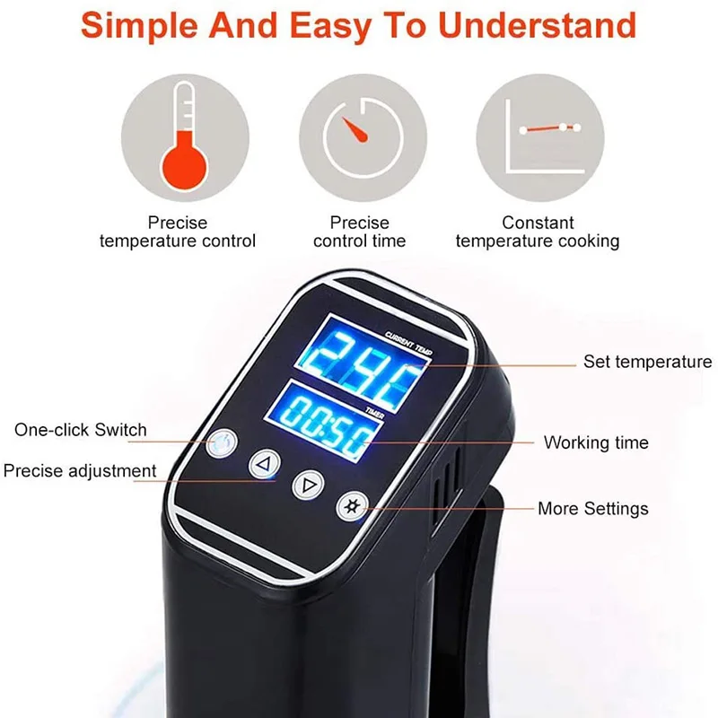 Portable Vacuum Slow Sous Vide Food Cooker 1000W Powerful Immersion Circulator Machine LCD Digital Timer Display Waterproof