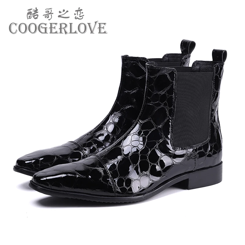 Spring Man High Boots Thick Heel Fashion boots Square head Patent Leather Bare Boots Chelsea Short  Men\'s Boots