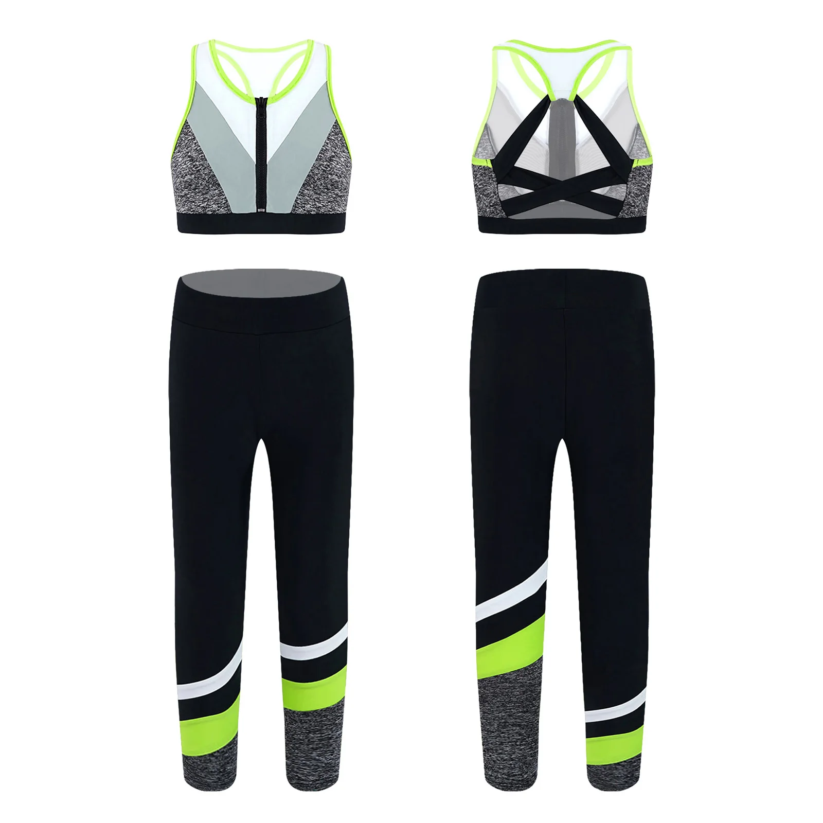 New Kids Girls Sportwear Round Neck Sleeveless Zipper Crop Vest Legging Pants Set for Running Gym Yoga Cycling Workout Tights