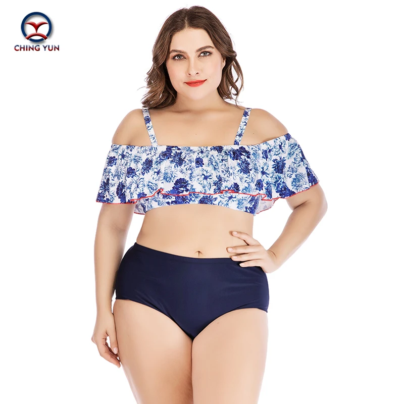 

New bikini 2020fashion plus-size swimsuit print one-shouldered Suspenders high-waisted plus fat plus size sexy womens bikini set