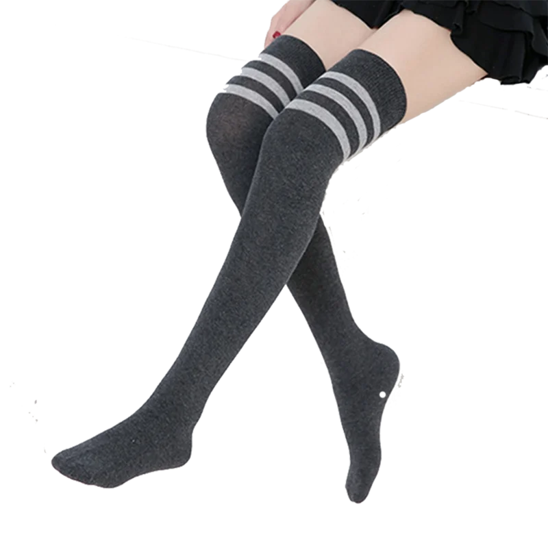 

2 pairs Cotton Thigh High Socks Rib Cuff Non-slip Long Stockings Women Leisure Streetwear Three Striped Pattern Slim Socks