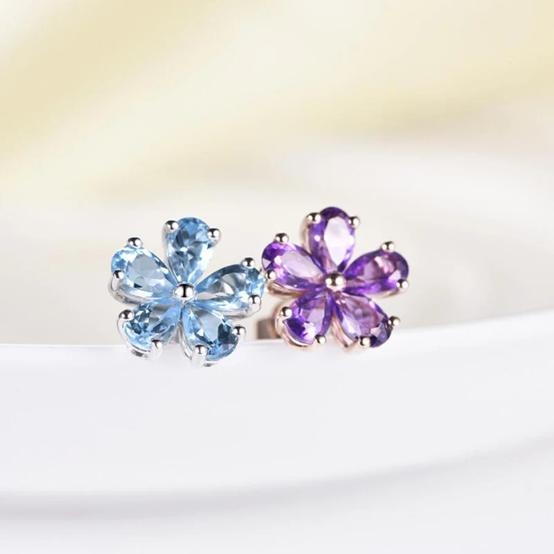 925 Sterling Silver Stud Earrings Women Multicolor Zircon Flower Rose Gold Earring Girl Jewelry Gift Party Accessories KOFSAC